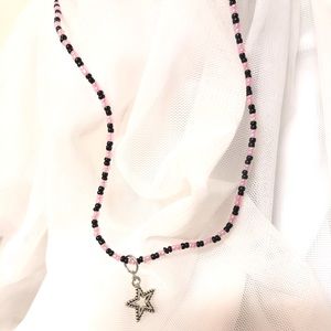 Hand made black and pink seed bead star charm choker